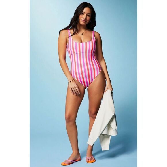 Sunset Scoop One-Piece Swimsuit Neon Candy Stripe Size Large NWT! - Picture 3 of 10